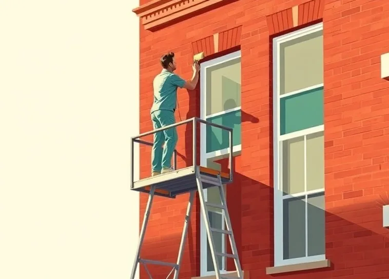 Peintre sur échafaudage traitant la façade d'une maison